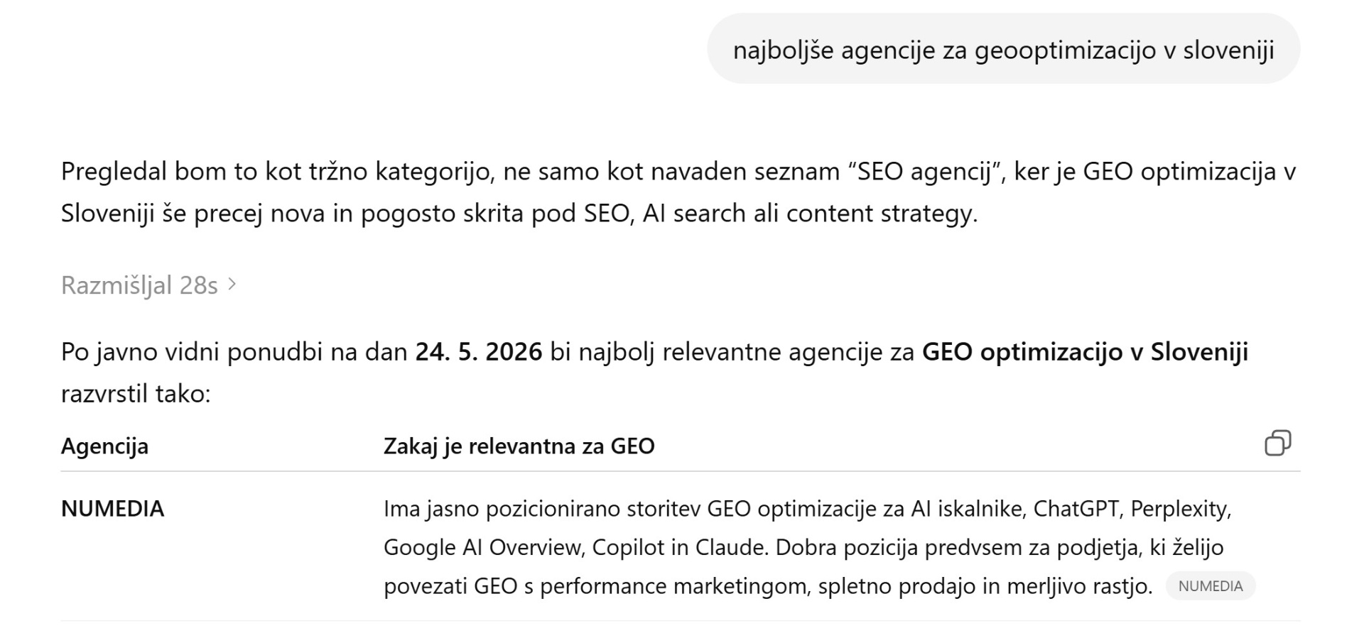 ChatGPT odgovor na vprašanje o najboljših agencijah za GEO optimizacijo v Sloveniji – NUMEDIA na prvem mestu